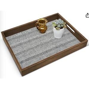 Fabric Lined Wooden Decorative BoHo Ottoman Tray, Coffee Table Home Decor- Brown